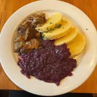 Seitan “výpečky” with potato dumplings and red cabbage at Sicily Cafe in Prague
