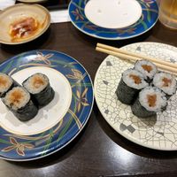 Wasabi rolls (left) probably not vegan, gourd rolls on the right.  at Daiki Suisan Kaiten Sushi - Tenmabashi branch in Osaka