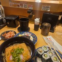 Kistune Udon. Cucumber shisp roll. Eggplant roll. at Daiki Suisan Kaiten Sushi - Tenmabashi branch in Osaka