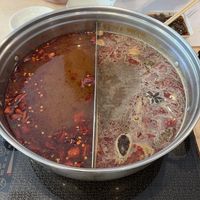 left Sichuan spicy broth - right Mongolian spicy    at Shabu Zen in Allston
