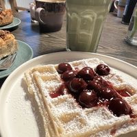 Waffel mit Kirschen & Matcha Latte  at Lebenshof MutimBauch in Ottenhoefen Im Schwarzwald