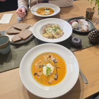 Pumpkin soup  and mushroom pasta at Lebenshof MutimBauch in Ottenhoefen Im Schwarzwald
