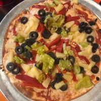 GF crust w/ vegan cheese, olives, pineapple, roasted red peppers, and... at Flying Saucer Pizza Company in Salem