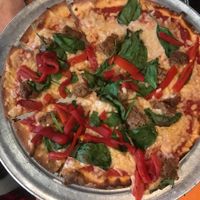 GF crust, vegan cheese, vegan meatballs, spinach, basil, and roasted reds   at Flying Saucer Pizza Company in Salem