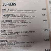 Carta de hamburguesas at Villa Bella in Pontevedra