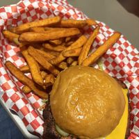 Vegan burger with sweet potato chips   at SmashDouble Burger in Mallorca