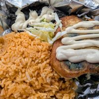 Chile rellano, rice, beans at Vegano Mexicano in Portland