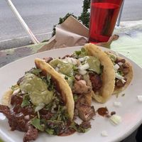 Tacos! Left to right: mole, jackfruit, asada, soyrizo  at Vegano Mexicano in Portland