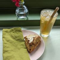 cinnamon scone with chai glaze and iced tea at Our Spot in Portland