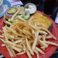 Impossible burger with fries  at Barnaby's Cafe in Houston