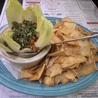 Garlic hummus with pita chips  at Barnaby's Cafe in Houston