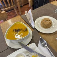 Pumpkin soup with side of coconut rice  at Life is Good Cartagena in Bolivar