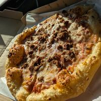 Vegan sausage and cheese pizza at Sonny's Scratch Kitchen in Astoria