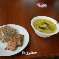 Vegan vegetable ginger soup with bread and flax crackers at Silva in Eyjafjardarsveit