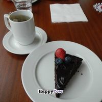 Healthy (spelt and agave I think?) vegan chocolate cake with some hot tea at Silva in Eyjafjardarsveit