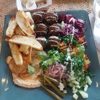 Falafel plate with different things from the salad bar at Falafel Bar in Manuel Antonio
