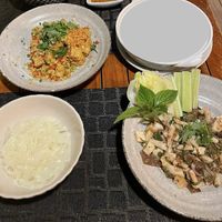 Top left chilli tofu, bottom left rice noodles, bottom right mushroom & tofu lhaab   at Phensiri in Surat Thani