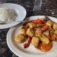 Island “chicken” made with tofu (menu items that can be made vegan are labeled as such)  at Siam Thai in Athens