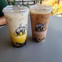 Mango Sticky Rice w/ Boba (Left) and Espresso Milk Tea w/ Boba (Right) Both w/ Oatmilk at Boba Guys in Costa Mesa