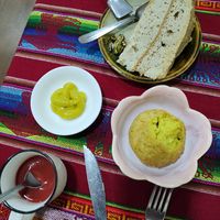 Coxinha e postre (drumstick & dessert) at Ayni Cacaoteria Cultural in Sucre