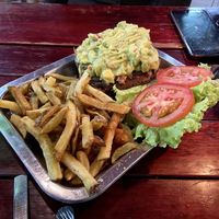 Vegan “holy guacamole" burger on whole wheat bread with fries (22.000 COP) at Brunch de Salento in Salento