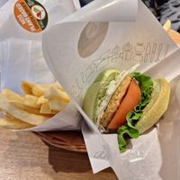 Green Burger and fries at Mos Burger - Kappabashi in Tokyo