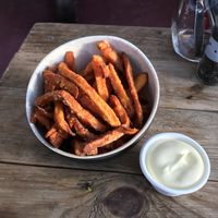 Vegan sweet potato fries with mayonnaise  at Noorderlicht in Amsterdam