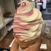 Black current and vanilla soft serves   at MooShoes in New York City