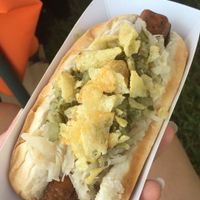 NY Dawg. Sauerkraut, relish, chips. Hit the spot!!  at Yeah Dawg - Food Cart in Brooklyn