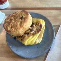 Sausage, egg and cheese on a biscuit   at Bearcat Baked in New Orleans