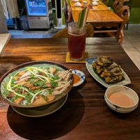 Pho, Kombucha and Fried oyster mushrooms wrapped in seaweed at Dana Vegan House in Hanoi
