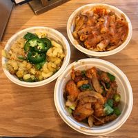 Jalapeño mac & cheese, baked ziti and BBQ seitan tots at The Cinnamon Snail in New York City
