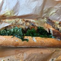 Cheesy portobello steak baguette at The Cinnamon Snail in New York City