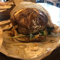 Awesome burger complete with mac and cheese within! at The Cinnamon Snail in New York City