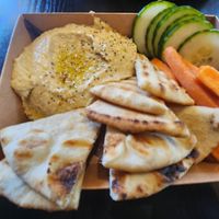 Hummus, veggies, pita bread at Brick & Bread in Broken Bow