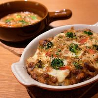 Vegan country-style vegetable and bean soup  and Vegan curry doria at Cuillere in Hatsukaichi