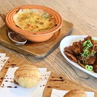 Vegan rice flour gratin, vegan soy meat slices with lemon ginger sauce, and vegan croquettes at Komedoko Shokudo - こめどこ食堂 in Hiroshima