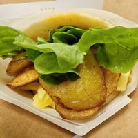 Vegan burger with bananes plantains at Arepa's Factory in Brussels
