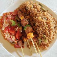 Brochette Vegan avec Le Riz au Gras at Govinda's Veggie Vegan in Lome
