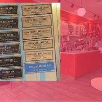 Wall menu, superposed over view of inside; the six flavors listed on the right are all vegan.  at OddFellows  in New York City