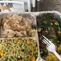 Seitan and mushroom scalopine, oro sweet potato and broccoli salad, cabbage salad and spinach and chard. So good!  at Piu Gusto Bio - Maybe closed in Verona