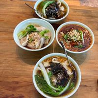 Delicious vegan food. Dry mushroom  dumplings, mushroom wanton soup, bamboo stick noodles  at Su Shan Mian - 素山面素食 - 文殊院店 in Chengdu