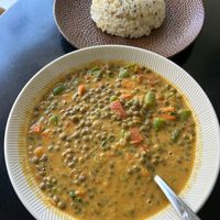 Lennik curry with Rice. Very taart lentil soup with Rice of the day. at O Baba Vegan in Denpasar