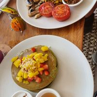 Pendant pancakes and tempeh scramble at O Baba Vegan in Denpasar