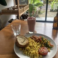 Tofu scramble and Banana-Pineapple-Strawyberry Smoothie   at O Baba Vegan in Denpasar