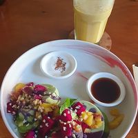 Pandan and pineapple pancakes with a mango lassi at O Baba Vegan in Denpasar