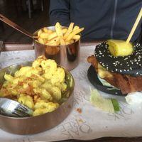 Chicken and bacon burger, fries and mac and cheese at The OakTree in Leigh-on-sea