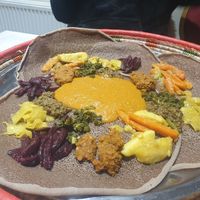 Vegan platter on injera for 3 at Sunshine Restaurant in Newcastle Upon Tyne