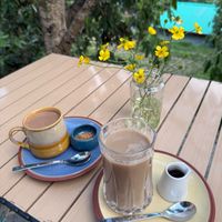 Hot cacao and iced coffee at Backwoods Bakery in Dharamshala