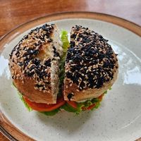 Bagel bun with cream cheese at Backwoods Bakery in Dharamshala